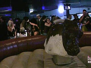 Girls In Lingerie Compete In Bull Riding At A Florida Bar.