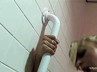 Two guys chat with a blonde woman in the bathroom