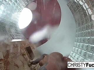 Is Christy Dahlia licking Ivan's pussy in shower?