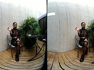 Young Teen Girl Smokes Topless In Leather Skirt Outdoors