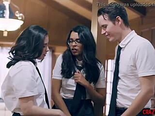 Redheaded busty coach slyly grinds on tatted cheerleader Skylar Snow and Rory Knox.