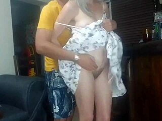 Blonde amateur bends over for pool guy again, small tits bouncing.