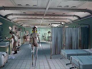 in fallout 4, a brunette nurse teases her patient with a slow strip. the hospital room heats with every ripped piece of clothing!