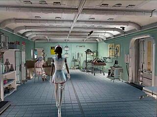 in fallout 4, a brunette nurse teases her patient with a slow strip. the hospital room heats with every ripped piece of clothing!