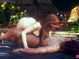 my favorite threesome hentai: two girls one boy in anal outdoor scene