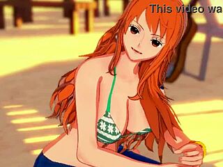 Nami strokes your cock on the beach in One Piece