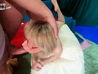 Blonde Babe Deepthroats Monster Cock in Stockings.