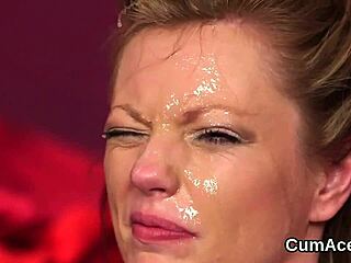 Unusual hottie gets cum shot on her face gulping all the love juice!