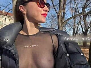 beauty flashes big boobs while strolling in public park