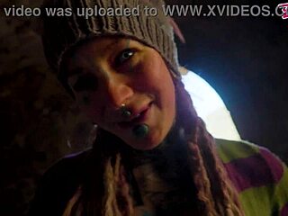 Tattooed girl with pierced pussy receives anal fucking outdoors, including blowjob and facial.