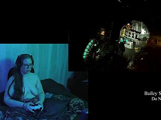 Naked brunette plays dead space with big natural tits exposed