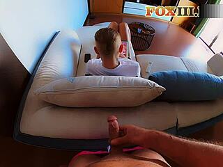 Almost caught, i masturbated and cummed on my girlfriends head while she played game