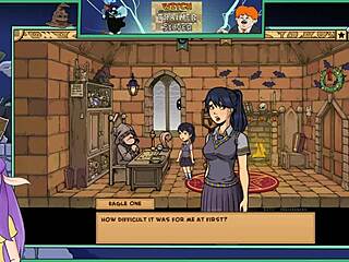 Provocative witch trainer game where brunette teacher shows big tits in hentai action