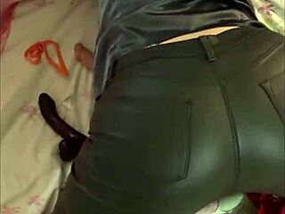 french amateur in leather pants and satin lingerie pov