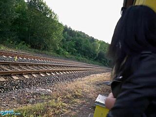 public agent mia trejsi drills her shaved pussy with a dildo on train.