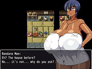 Tanned Natsuki feels aroused during striptease in hentai game episode 6.