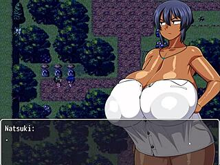 Tanned Natsuki feels aroused during striptease in hentai game episode 6.