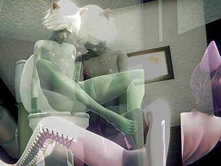 Grey cat boy dominates pink sissy in public toilet sex