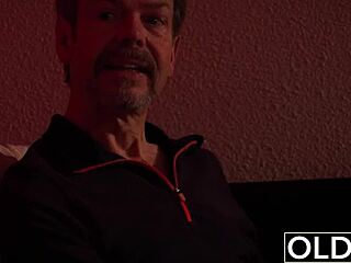 Teen girlfriend's tight pussy gets deepthroat and swallows old man's cumshot.