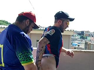 Brazilian chubby guy gets bareback assfucked publicly on the slab with onlookers