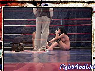 European babes engage in wrestling match in boxing ring