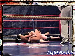 European babes engage in wrestling match in boxing ring