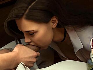 In the college setting, she gives a blowjob as part of the debauchery steps