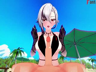 i watch arlecchino fucking hard in bikini on the beach in genshin impact fantasy