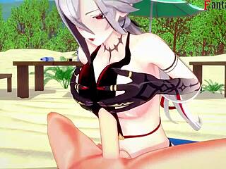 i watch arlecchino fucking hard in bikini on the beach in genshin impact fantasy