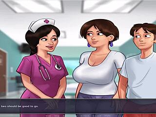 in summer time saga, the old and busty character appears. she has big tits in the game.