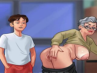 in summer time saga, the old and busty character appears. she has big tits in the game.