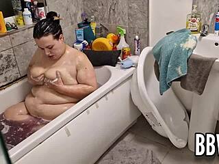 perv caught spying on bbw washing huge floppy tits in bath...oops!