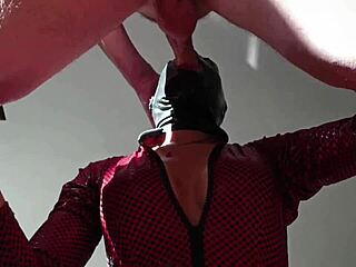 milf in leather catsuit gets cum on tits