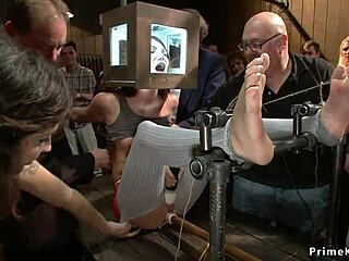 redhead and blonde subs get punished with public anal banging in bizarre group scene