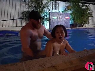 yo, this asian slut got filled up right in the pool