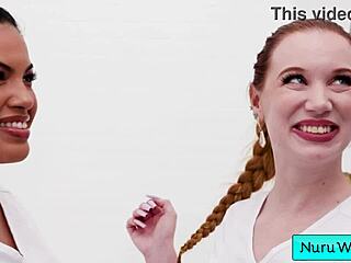 Two horny busty girls seduce client before sex massage in shower