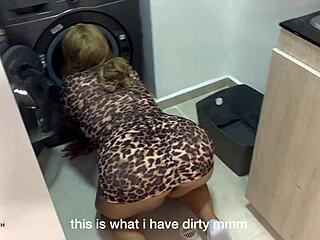 chubby blonde fucks young guy in laundry room, sucking and riding his cock hard