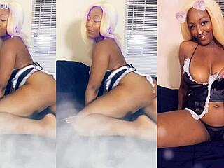 Ebony maid cleaning house in thong with pierced nipples