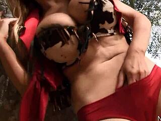 Playful Nikki Benz teases in heels outdoors