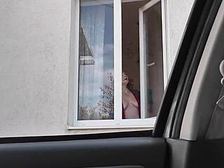 Public nudity shocks as milf in stockings washes window bare. Taxi driver catches every detail!
