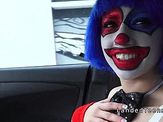 Teen in clown costume banging outdoor to cumshot