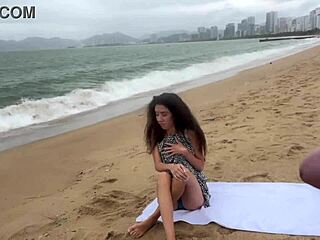 Babe asks to cum on her tits during public beach cock flashing