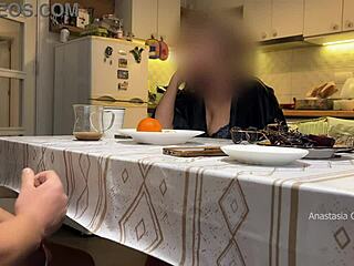 my husband jerking under a table front of my step mom and i right at the kitchen