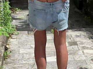 Tall skinny teen flashes tits for risky blowjob!