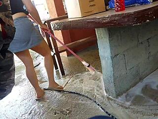 While my wife was out, the short hot maid grabbed my cock and put it inside her in the house area