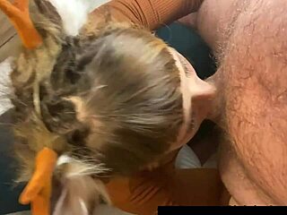 Costumed redhead nerd gags on monster cock