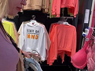 Skinny Blonde Teen Girlfriend Gives Deepthroat Blowjob in Public Changing Booth While Riding