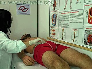 The nurse gets aroused by the patient's erection and starts sucking his big cock.