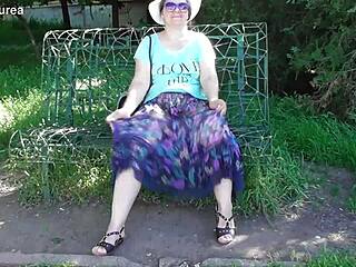 Hairy Mature Feels Exposed and Emotional in Her See-Through Dress Outdoors