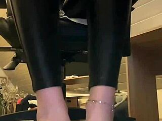 Good morning with leather pants and nylon socks combination leading to barefoot feet fetish display.